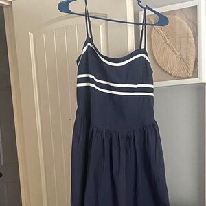 Navy Blue Striped Trim Spaghetti Strap Dress